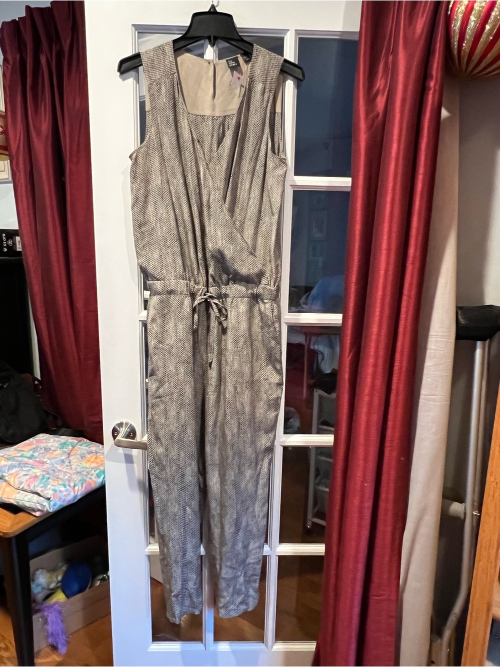 Sleeveless Taupe Snake-Print Drawstring Jumpsuit